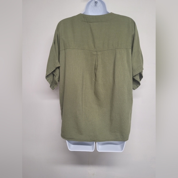Time And Tru Olive Green Button Down Tie Waist Top L 12-14 V Neck - Picture 2 of 4